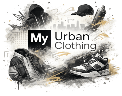 My Urban Clothing logo surrounded by streetwear elements like shoes.