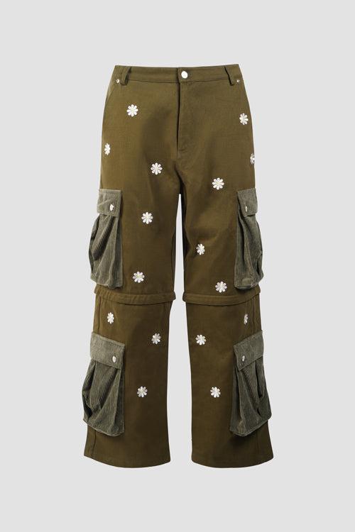 Embroidered Flowers Detachable Cargo Pants Shorts